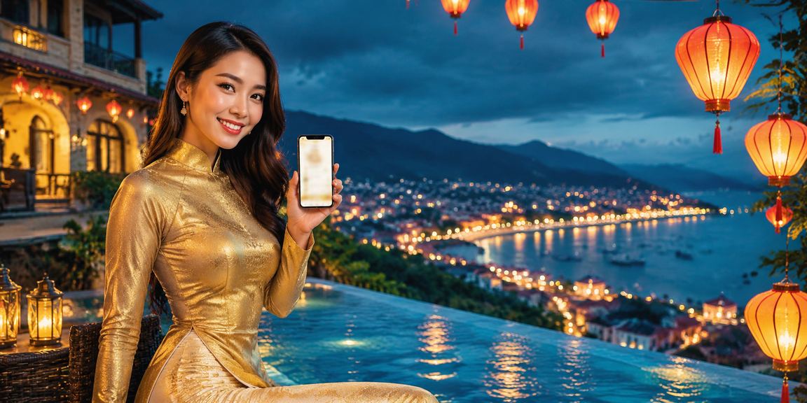 Người phụ nữ mặc áo dài sử dụng ứng dụng casino tại phố cổ Hội An một cách thư thái và có kiểm soát