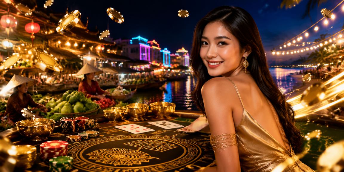 Bàn baccarat neon rực rỡ tại vùng Mekong với không khí casino sôi động ban đêm