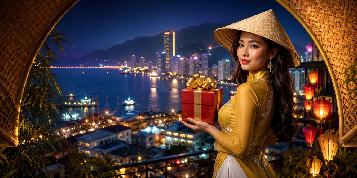 Người phụ nữ đội nón lá đăng ký tài khoản casino trực tuyến tại Nha Trang trên điện thoại